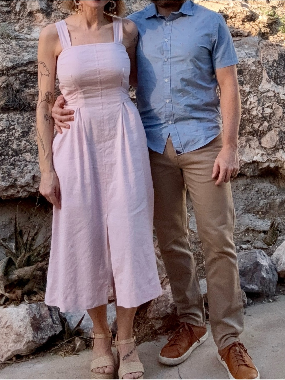 Light Pink Square Neck Luxury Linen Midi Dress